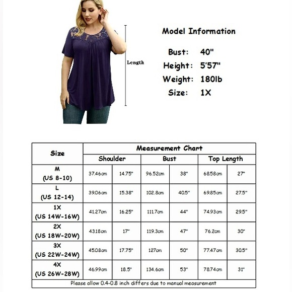 Blue/Grey Short Sleeve, Round Neckline w/ Lace trim, Lightly Pleated both sides - Picture 4 of 4